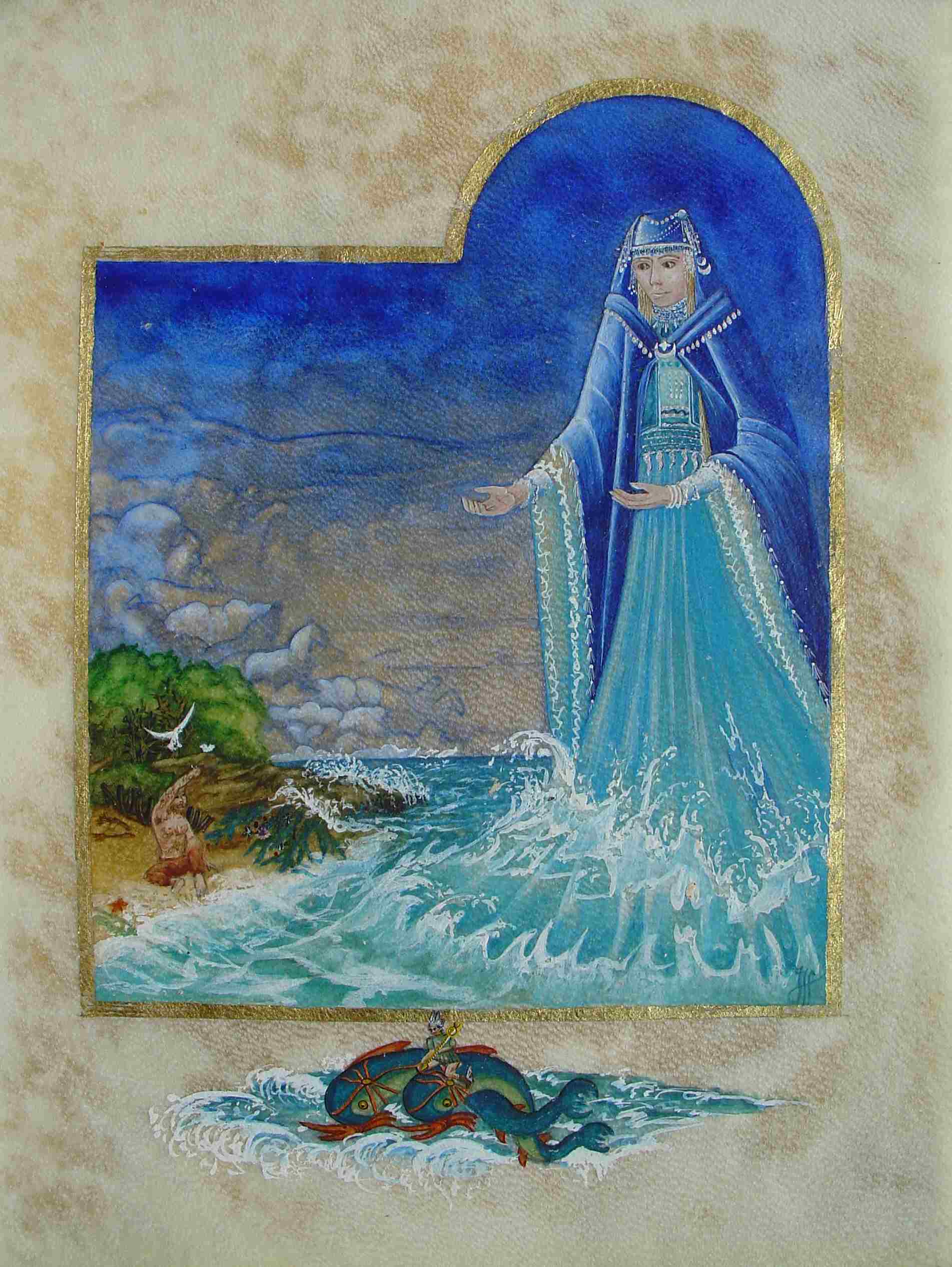 Peinture miniature, enluminure, Le naufragé et la mer 2ème version sur parchemin